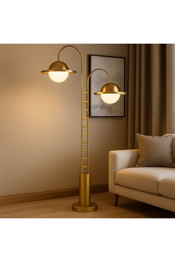 DuoGlow Modern Lüks Çift Başlıklı Altın Metal Gövdeli Tasarım Lambader Aydınlatma DuoGlow Modern Lüks Çift Başlıklı Altın Metal Gövdeli Tasarım Lambader Aydınlatma