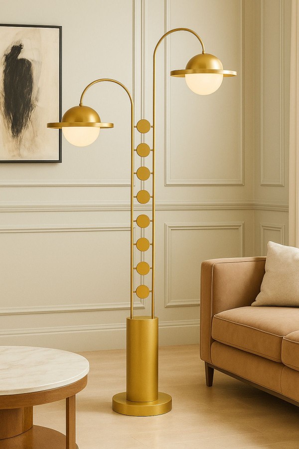 Solaris Duo Çift Başlıklı Mat Gold Modern Metal Gövdeli Lüks Salon Lambader Solaris Duo Çift Başlıklı Mat Gold Modern Metal Gövdeli Lüks Salon Lambader