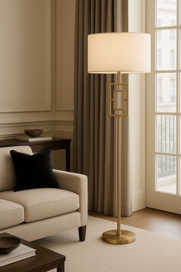Puglia Geometrik Gold Gövdeli Modern Lambader - Krem Şapkalı Dekoratif Ayaklı Lamba Puglia Geometrik Gold Gövdeli Modern Lambader - Krem Şapkalı Dekoratif Ayaklı Lamba