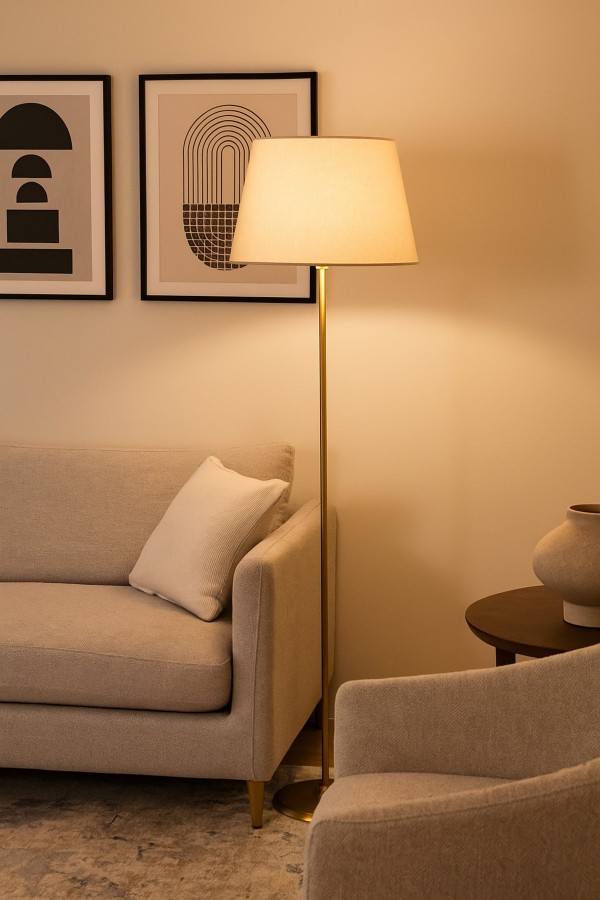 Lucent Krem Şapkalı Lambader – Gold Metal Gövde, Modern Salon ve Oturma Odası Lambader