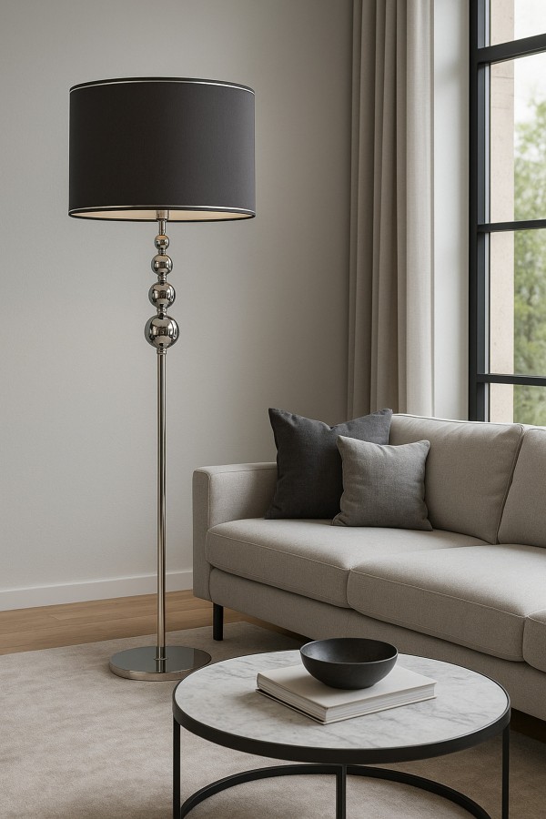 Lumina Krom Antrasit Şapkalı Metal Lambader – Lüks Salon ve Oturma Odası Aydınlatması