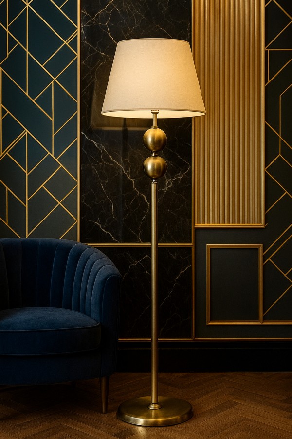 Nobile Gold İkili Küreli Lambader – Krem Şapka, Metal Gövde, Modern Salon Aydınlatması