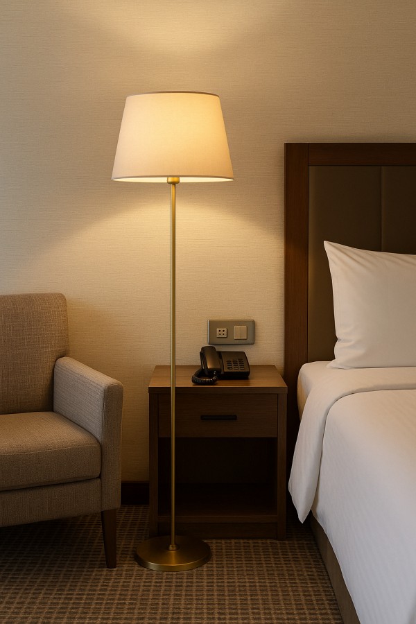 Lucent Krem Şapkalı Lambader – Gold Metal Gövde, Modern Salon ve Oturma Odası Lambader