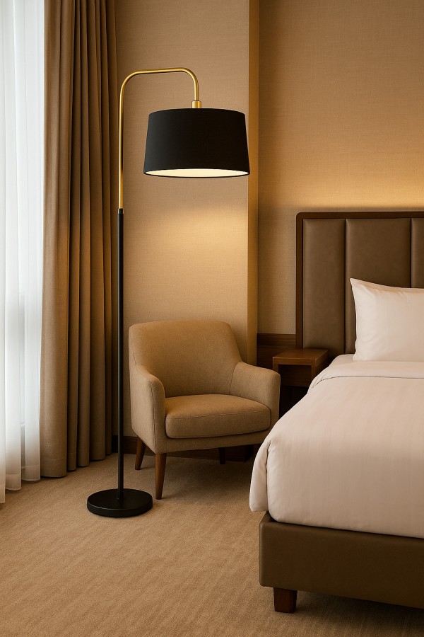 Potenza Modern Krem Şapkalı Gold Detaylı Metal Lambader – Lüks Salon ve Ofis Lambader