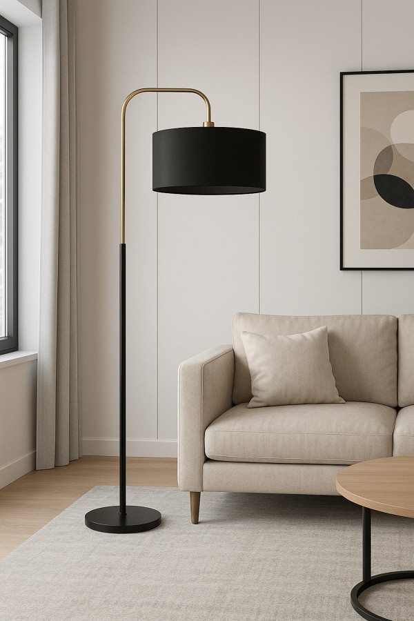 Potenza Modern Krem Şapkalı Gold Detaylı Metal Lambader – Lüks Salon ve Ofis Lambader