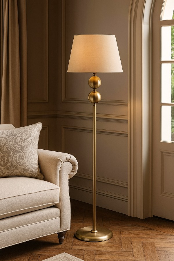 Nobile Gold İkili Küreli Lambader – Krem Şapka, Metal Gövde, Modern Salon Aydınlatması