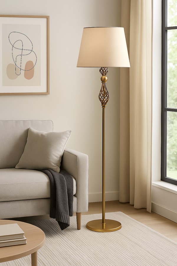 Şelale Eskitme Mat Gold Bej Şapkalı Metal Lambader – Dekoratif Ev Salon Aydınlatması