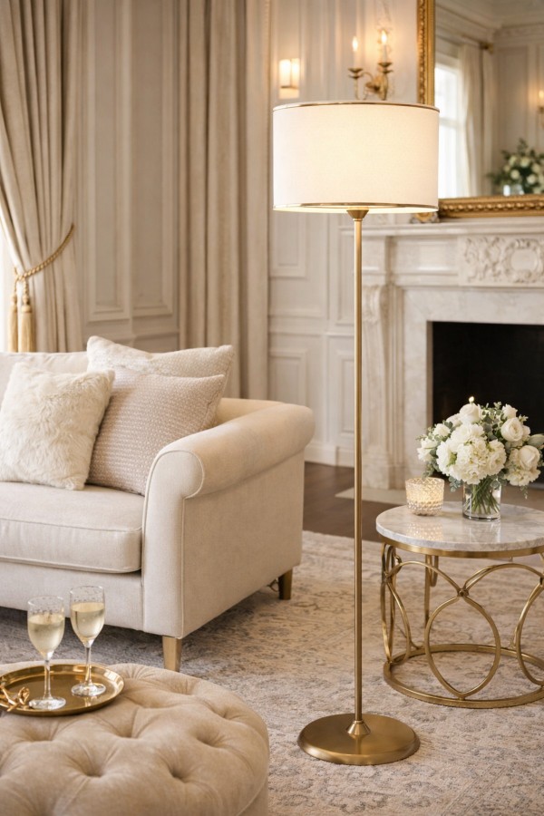 Noa Conic Eskitme Tek Ayaklı Metal Düz Lambader - Gold Şeritli Krem