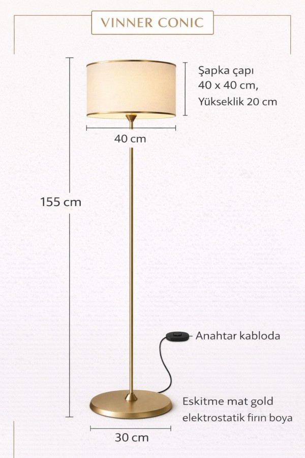 Noa Conic Eskitme Tek Ayaklı Metal Düz Lambader - Gold Şeritli Krem Noa Conic Eskitme Tek Ayaklı Metal Düz Lambader - Gold Şeritli Krem