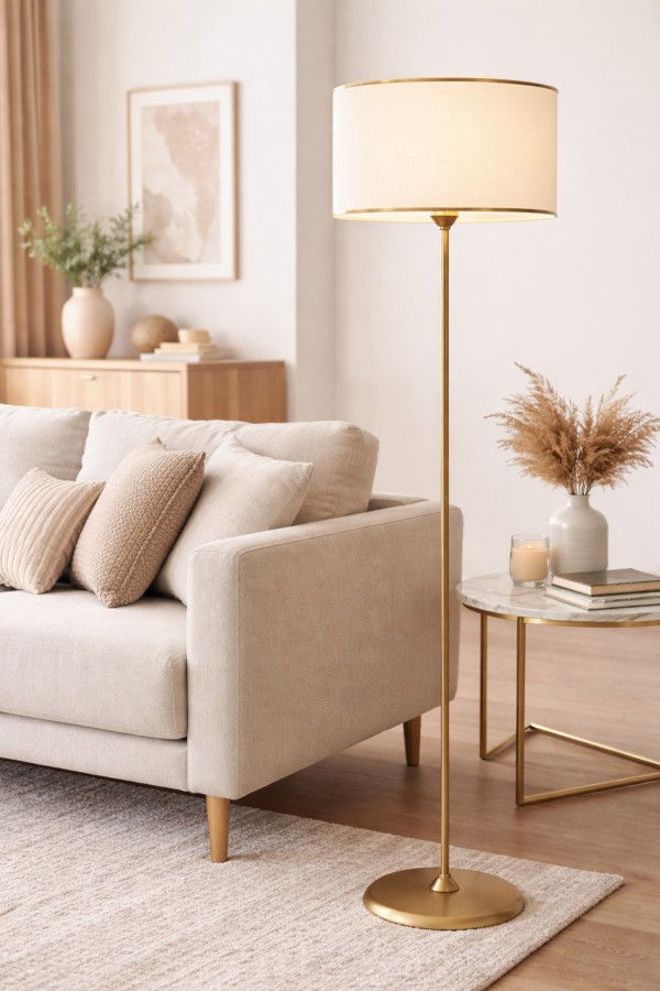 Noa Conic Eskitme Tek Ayaklı Metal Düz Lambader - Gold Şeritli Krem Noa Conic Eskitme Tek Ayaklı Metal Düz Lambader - Gold Şeritli Krem