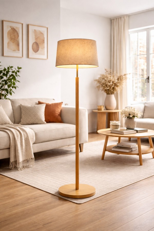 VISBY 155 cm Masif Ahşap Lambader Keten Şapkalı Zamansız İskandinav Tasarım