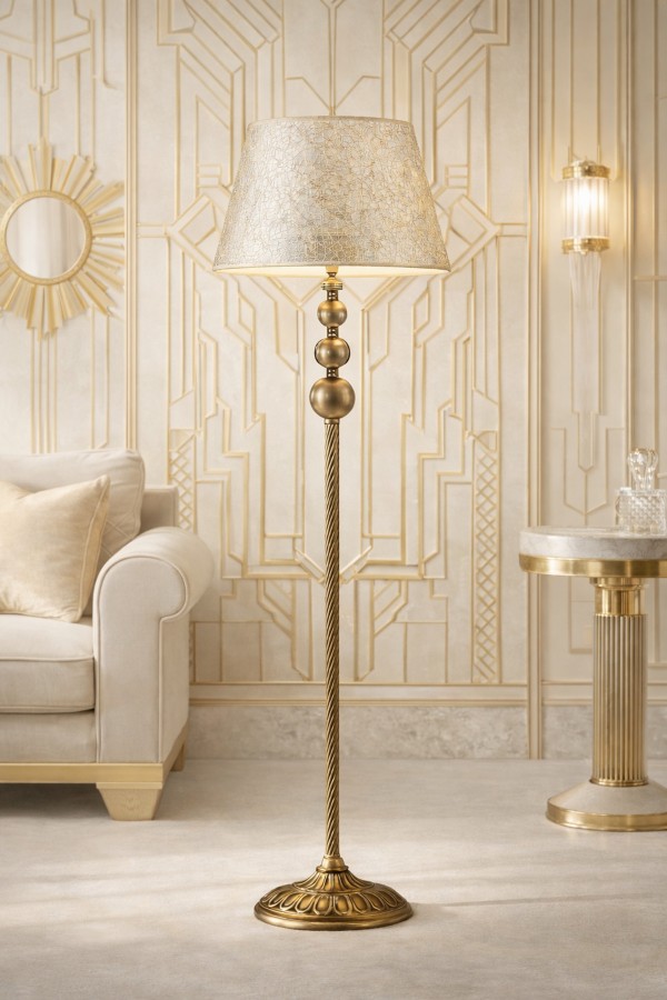 Vega 3 Eskitme Mat Gold Lambader | Kumaş Abajurlu Dekoratif Salon Lambaderi