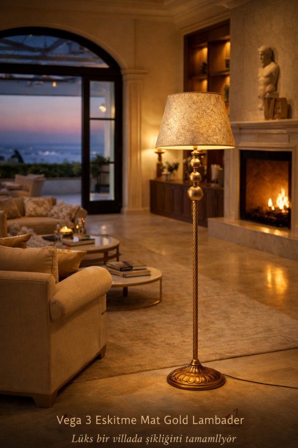 Vega 3 Eskitme Mat Gold Lambader | Kumaş Abajurlu Dekoratif Salon Lambaderi