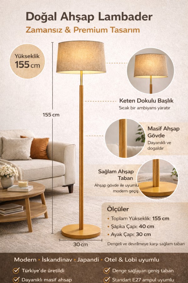 VISBY 155 cm Masif Ahşap Lambader Keten Şapkalı Zamansız İskandinav Tasarım