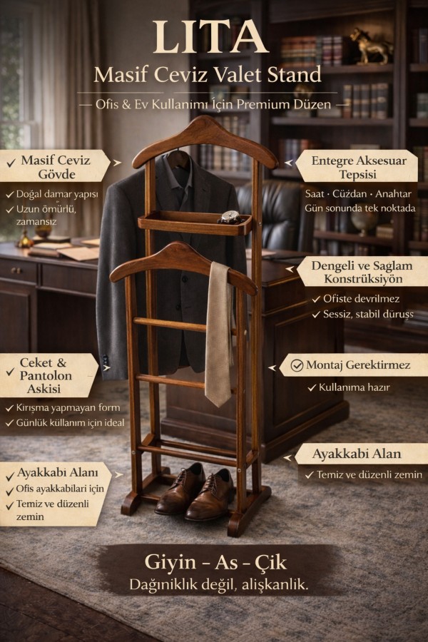 LITA Masif Ceviz Valet Stand | Uşak Standı & Premium Kıyafet Düzenleyici LITA Masif Ceviz Valet Stand | Uşak Standı & Premium Kıyafet Düzenleyici