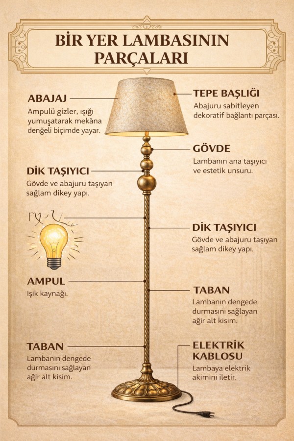 Vega 3 Eskitme Mat Gold Lambader | Kumaş Abajurlu Dekoratif Salon Lambaderi