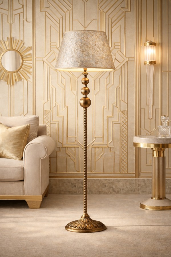 Vega 3 Eskitme Mat Gold Lambader | Kumaş Abajurlu Dekoratif Salon Lambaderi