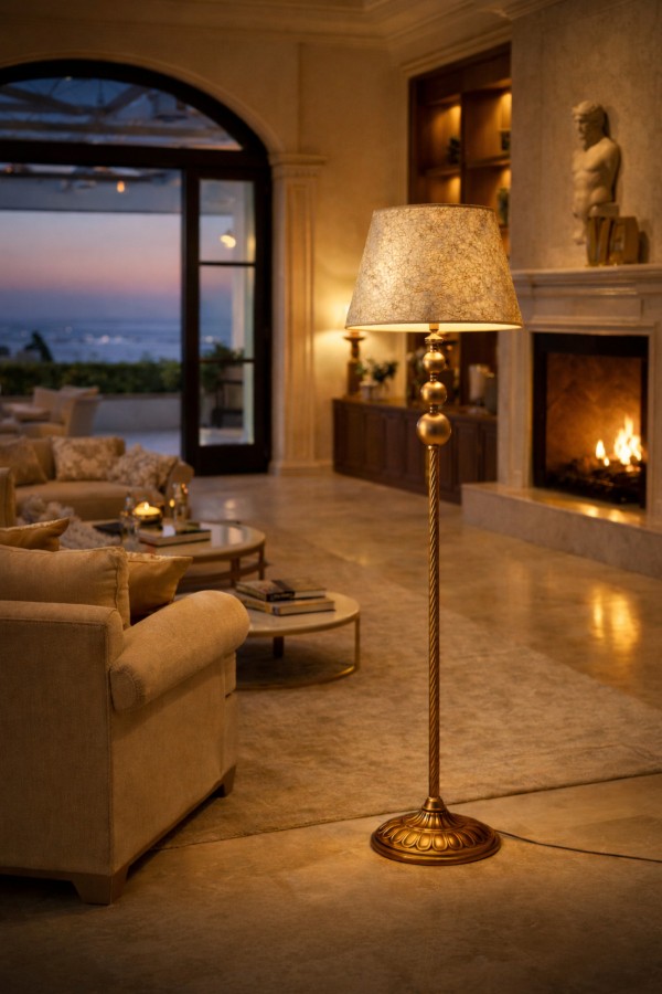 Vega 3 Eskitme Mat Gold Lambader | Kumaş Abajurlu Dekoratif Salon Lambaderi