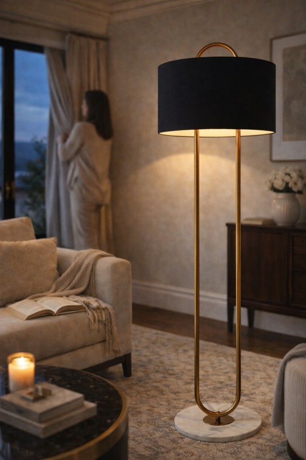 NOXERA Eskitme Mat Gold Art Deco Lambader – Siyah Kumaş Şapkalı, Mermer Tabanlı NOXERA Eskitme Mat Gold Art Deco Lambader – Siyah Kumaş Şapkalı, Mermer Tabanlı