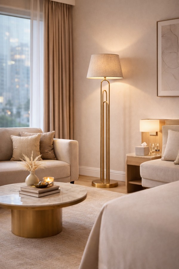 Orion Pirinç Renk Lambader | Modern Metal Gövde, Keten Şapka, Ø40 cm Orion Pirinç Renk Lambader | Modern Metal Gövde, Keten Şapka, Ø40 cm