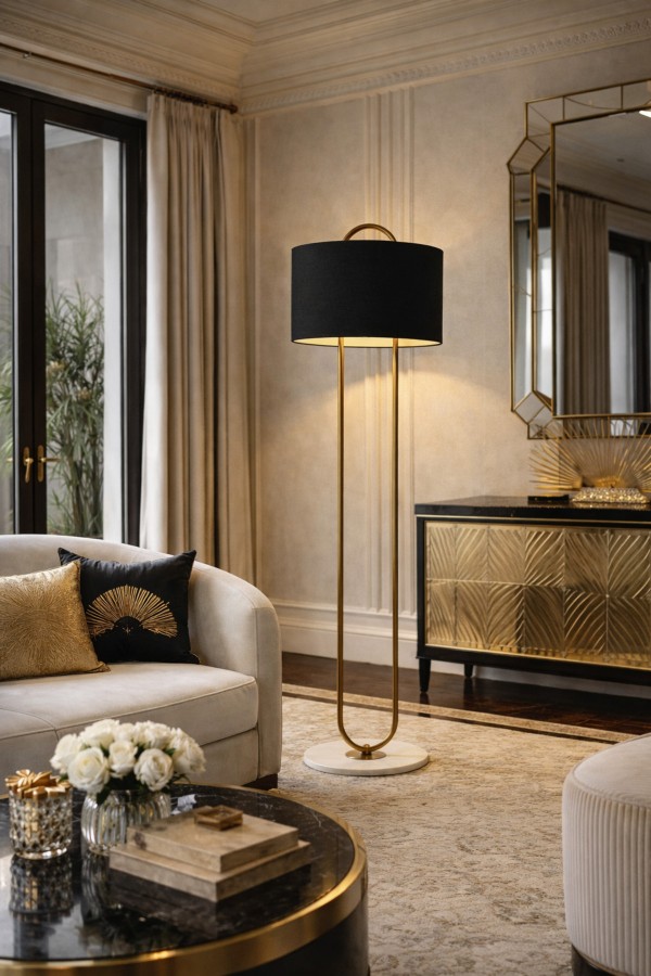 NOXERA Eskitme Mat Gold Art Deco Lambader – Siyah Kumaş Şapkalı, Mermer Tabanlı