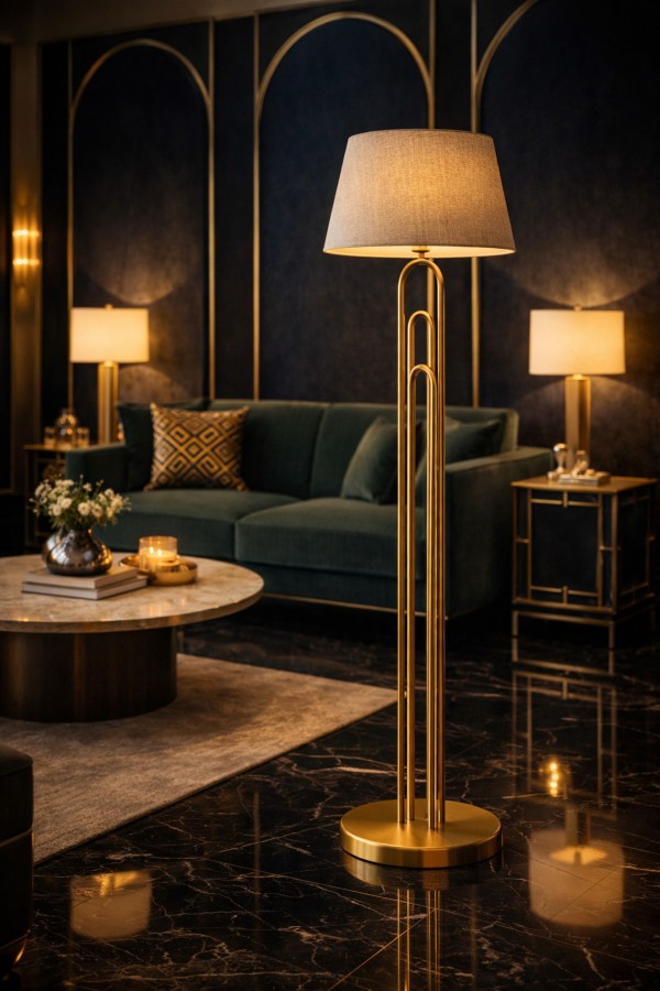 Orion Pirinç Renk Lambader | Modern Metal Gövde, Keten Şapka, Ø40 cm Orion Pirinç Renk Lambader | Modern Metal Gövde, Keten Şapka, Ø40 cm