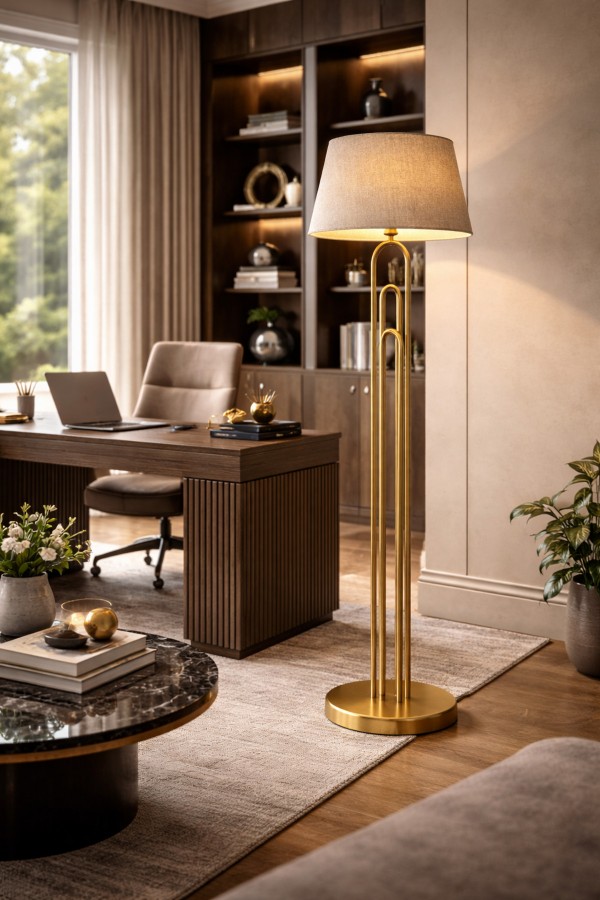 Orion Pirinç Renk Lambader | Modern Metal Gövde, Keten Şapka, Ø40 cm Orion Pirinç Renk Lambader | Modern Metal Gövde, Keten Şapka, Ø40 cm