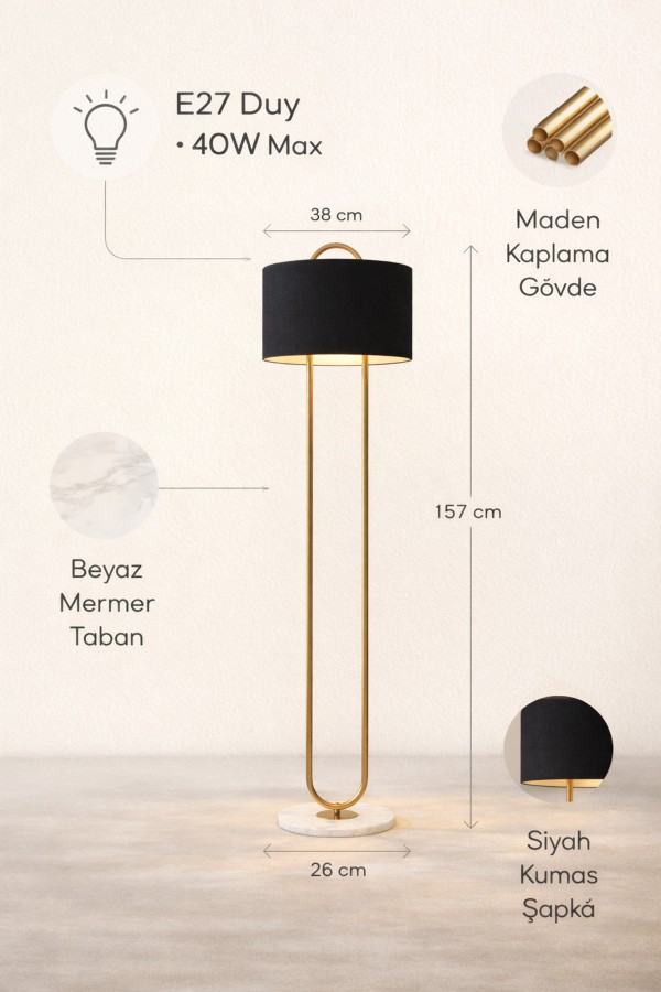 NOXERA Eskitme Mat Gold Art Deco Lambader – Siyah Kumaş Şapkalı, Mermer Tabanlı