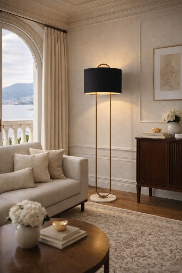 NOXERA Eskitme Mat Gold Art Deco Lambader – Siyah Kumaş Şapkalı, Mermer Tabanlı