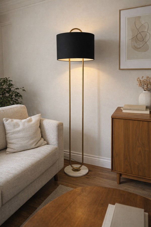 NOXERA Eskitme Mat Gold Art Deco Lambader – Siyah Kumaş Şapkalı, Mermer Tabanlı