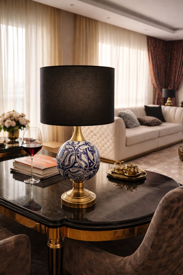 Luxury Pirinç Seramik Abajur 50 cm – El Yapımı Lacivert Desenli, Siyah Şapkalı Masa Lambası