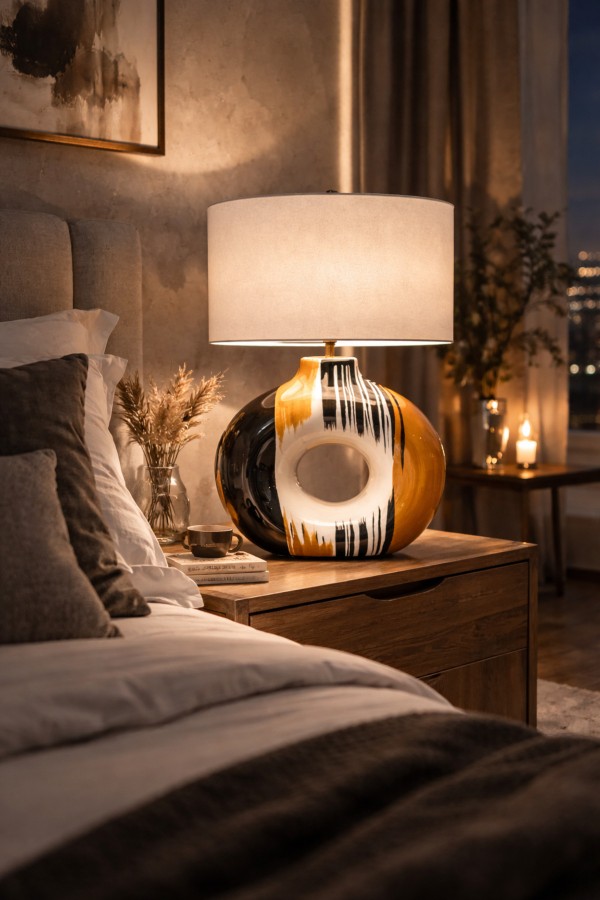 Luxury Aura Halo Handmade El Yapımı Seramik Abajur – Krem Silindir Şapkalı, E27, 55 cm