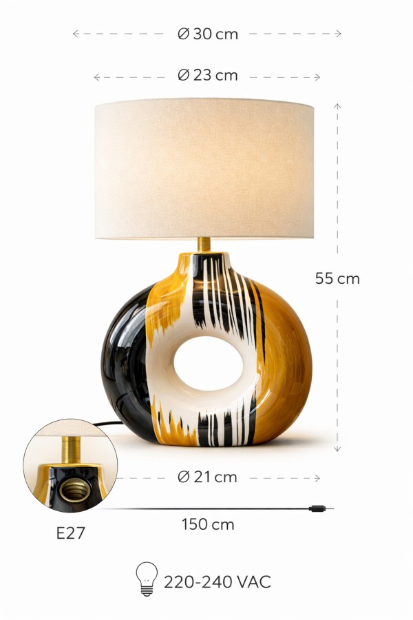 Luxury Aura Halo Handmade El Yapımı Seramik Abajur – Krem Silindir Şapkalı, E27, 55 cm