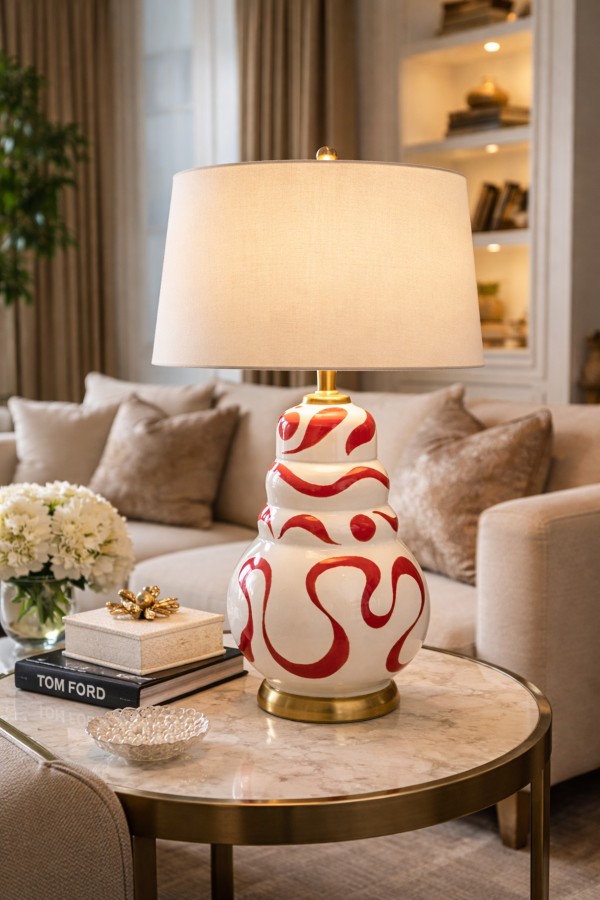 Luxury El Yapımı Seramik Desenli Abajur – Krem Silindir Şapka Villa Lüks Salon Aydınlatma