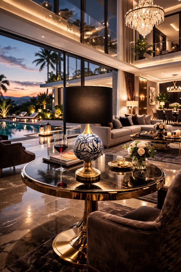 Luxury Pirinç Seramik Abajur 50 cm – El Yapımı Lacivert Desenli, Siyah Şapkalı Masa Lambası