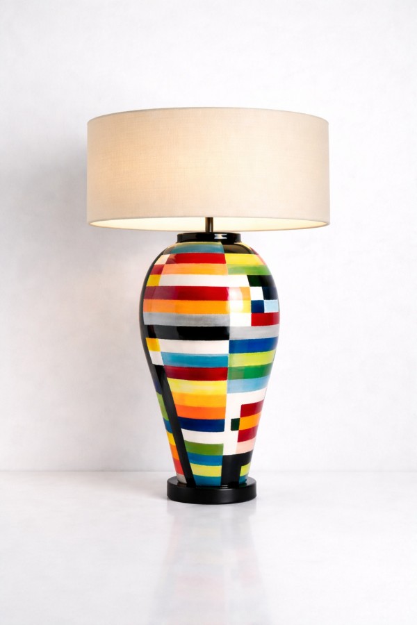 Luxury El Yapımı Mozaik Seramik Abajur – 65 cm | E27, Krem Şapka Premium Salon Aydınlatması